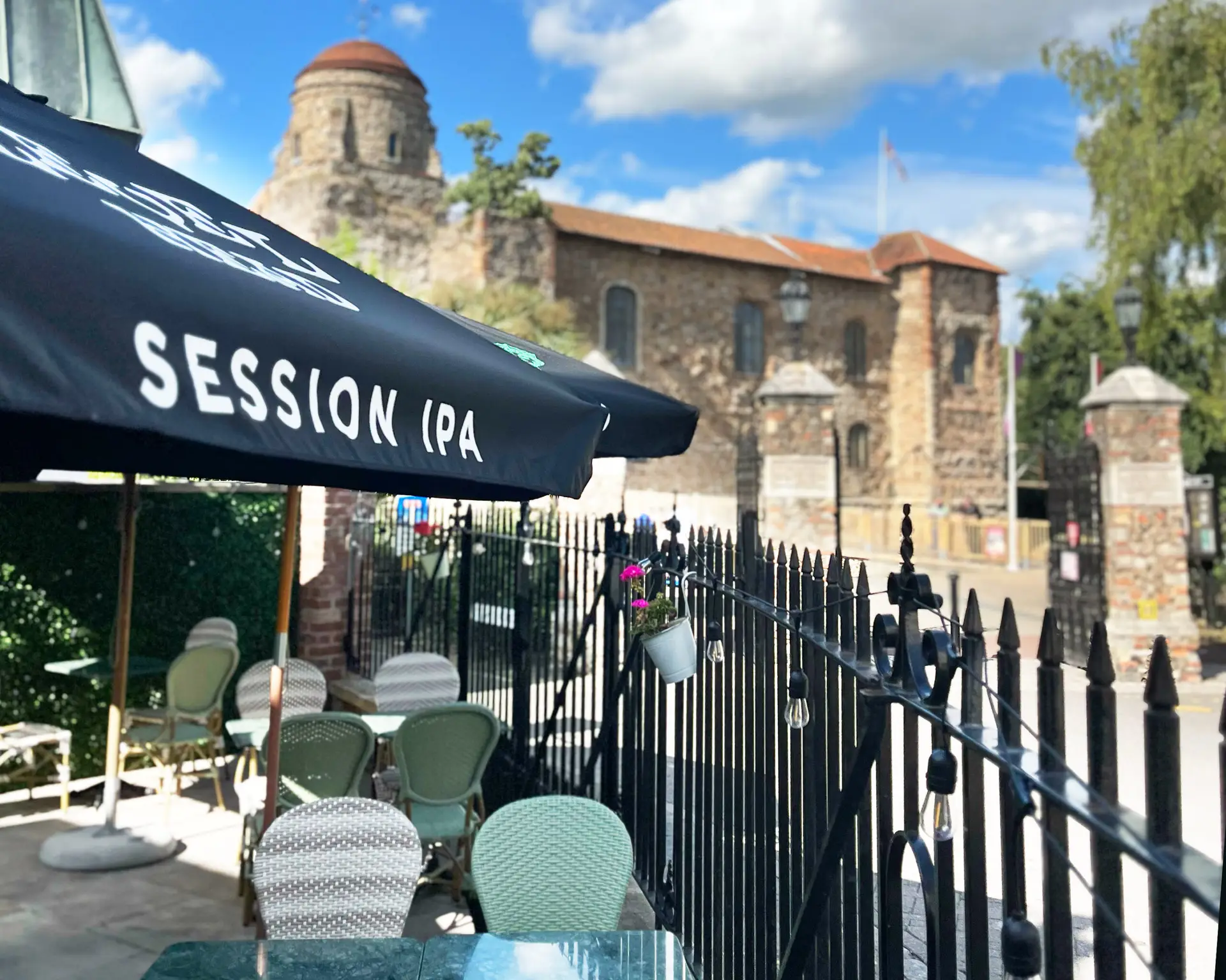 Beer garden with Colchester Castle views